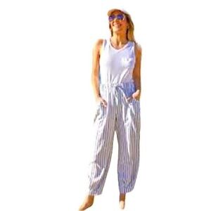 American Eagle Linen Beach Pants Size XS Blue and White Striped Paperbag Waist